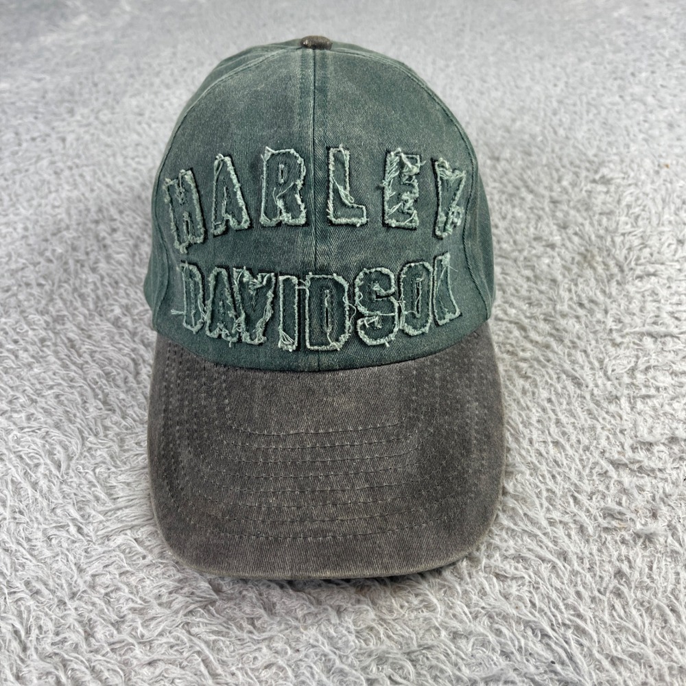 Harley Davidson Mens Fitted Hat Green Brown Distressed Applique Biker Cap Size L